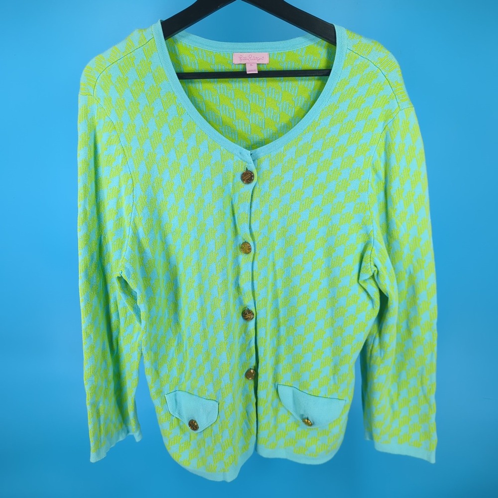 Lilly Pulitzer Cardigan Sweater XL Blue Lime Green Logo Print Cotton V-Neck